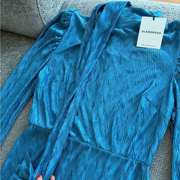 Glamorous Turquoise Textured High-Neck Mini Dress Size US 8 - Picture 16 of 16